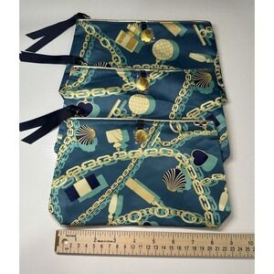 Estee Lauder Turquoise Gold Chain Print Satin Makeup Bag W/Zipper Set of 3 NWOT